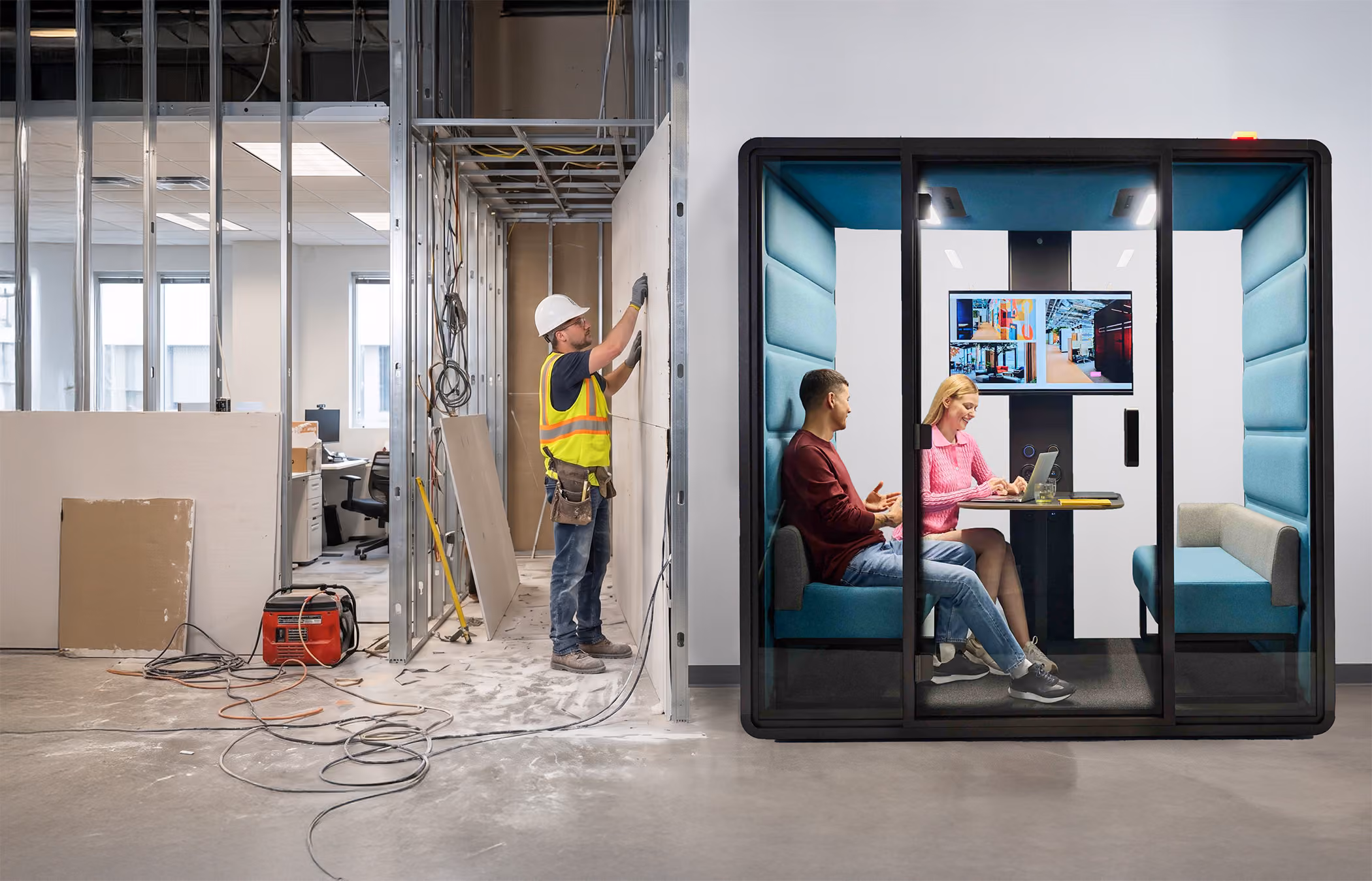 A comparison between an office under construction and a Thinkspace privacy booth in use.
